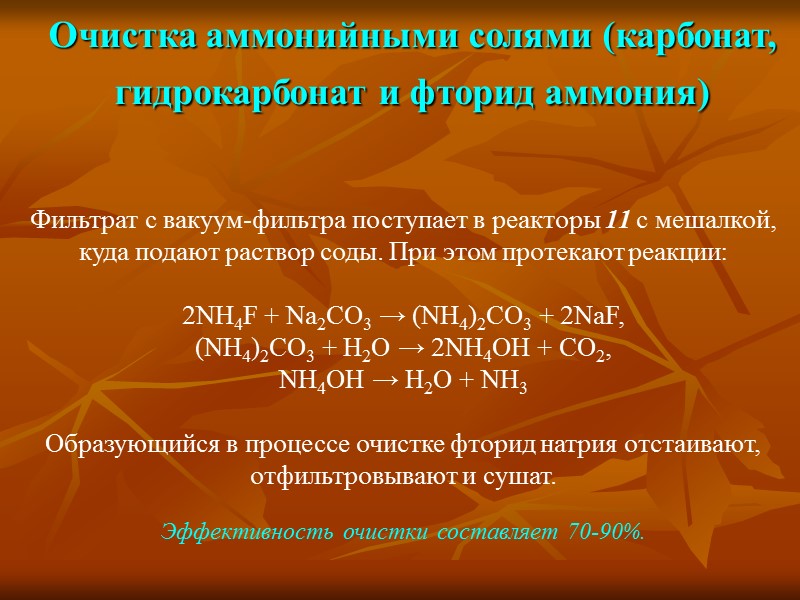 Очистка аммонийными солями (карбонат, гидрокарбонат и фторид аммония)  Фильтрат с вакуум-фильтра поступает в